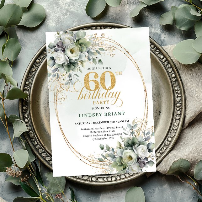 Convite Boho Verde Aniversário de 60 anos em Aquar (Watercolor 60th Birthday Boho Green Invite

)