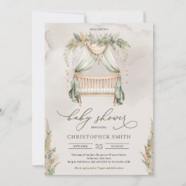 Convite Boho verde e castanho pampas berço bebê