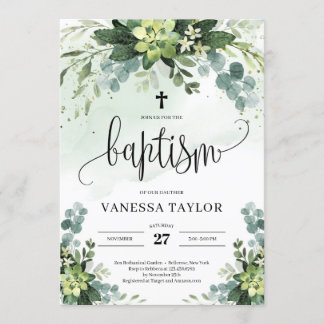 Convite Boho verde flores suculentas batismo foliar