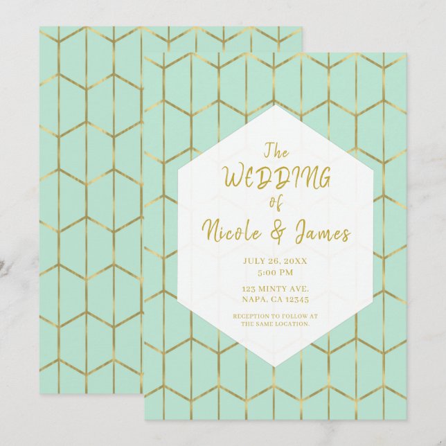 Convite Boho Verde Menta Hexágono Dourado Casamento Geomét (Frente/Verso)