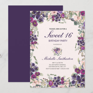 Convite Boho Verde Oliva Folhas Roxo Rosa Floral Doce 16