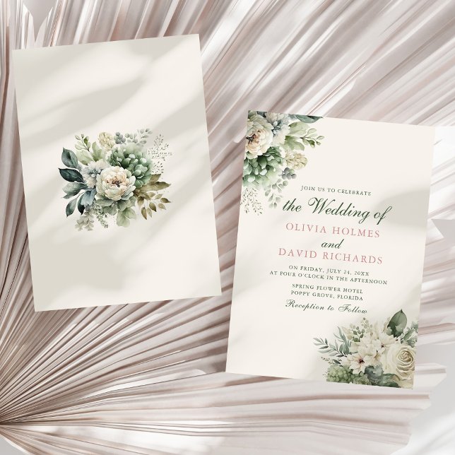 Convite Boho Verde Sage e Floral de Marfim Casamento (Boho Sage Green and Ivory Floral Wedding Invitation on a sunny neutral dry palm leaf.)