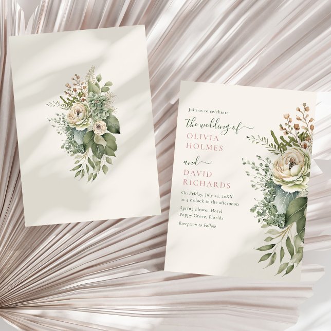 Convite Boho Verde Sage e Marfim Casamento de Flores Silve (Boho Sage Green and Ivory Widlflowers Wedding Invitation on a sunny dry palm leaf.)