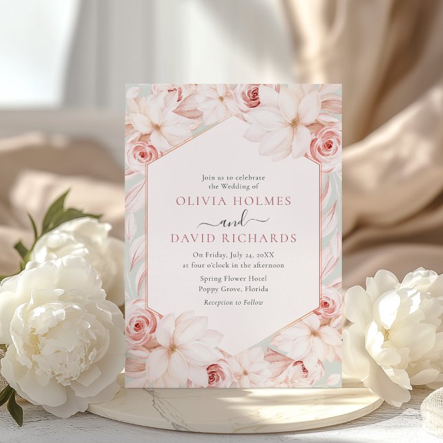 Convite Boho Verde Sage e Rosa Bege Floral Casamento (Boho Sage Green and Blush Pink Floral Wedding Invitation on an elegant table with white peonies)