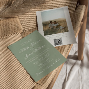 Convite Boho Verde Sage Moderno Código QR Casamento de Fot