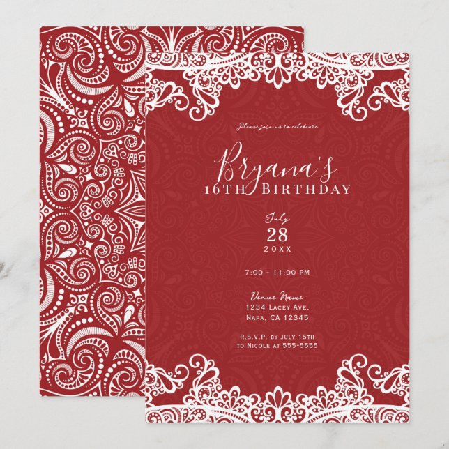 Convite Boho Vermelho e Branco Renda Padrão Ousado Festa D (Frente/Verso)