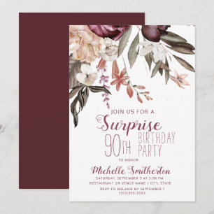Convite Boho Vintage Floral Burgundy Aniversário de 90 ano