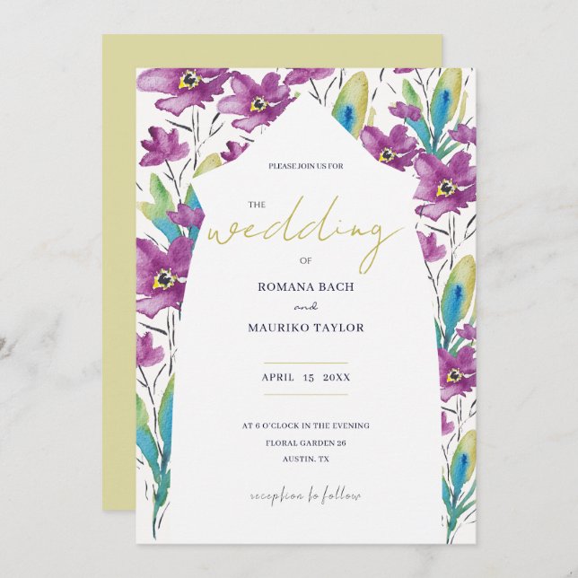 Convite Boho Violet Turquoise Flores Selvagens Aquarelas (Frente/Verso)