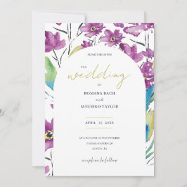 Convite Boho Violet Turquoise Flores Selvagens Aquarelas