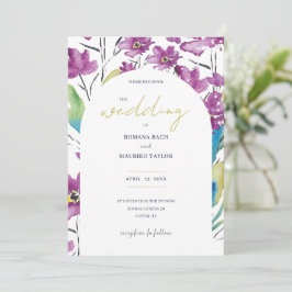 Convite Boho Violet Turquoise Flores Selvagens Aquarelas