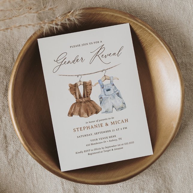 Convite Boho Watercolor Bebê Roupas Gênero Revelação (Criador carregado)