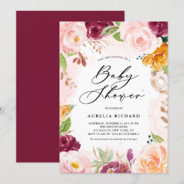 Convite Boho Watercolor Blush Burgundy Chá de fraldas Flor