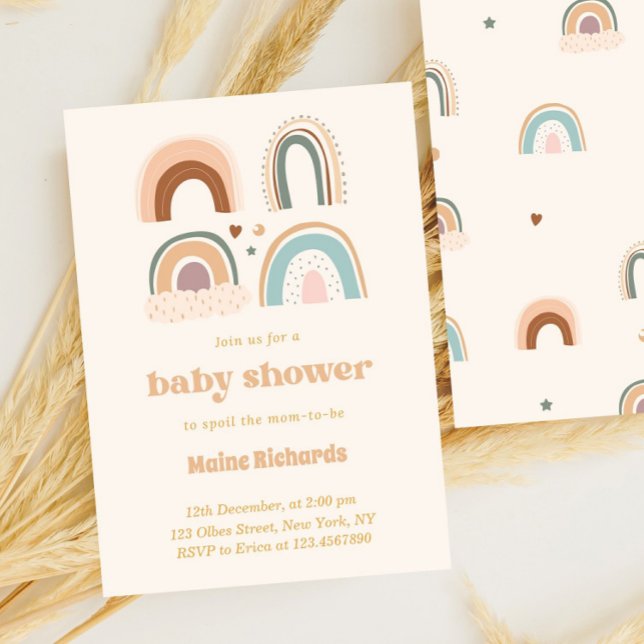 Convite Boho Watercolor - Chá de fraldas arco-íris - Cuz (rainbow, boho, baby shower, bohemian baby shower, modern, rainbow baby shower, Chic baby shower, tre)