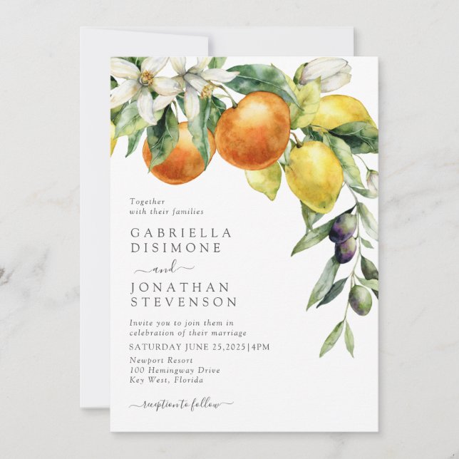 Convite Boho Watercolor Citrus Botanical Weding (Frente)