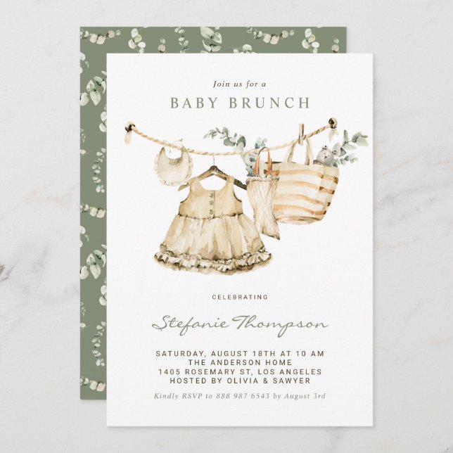 Convite Boho Watercolor Clothesline Baby Brunch (Frente/Verso)