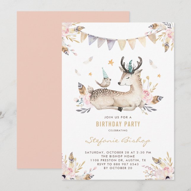 Convite Boho Watercolor Deer e Bird Floral Aniversário de  (Frente/Verso)