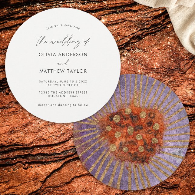 Convite Boho Watercolor Dourado Casamento Simples Púrpura (Front/Back)