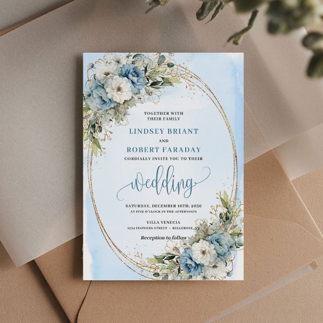 Convite Boho Watercolor Dusty Blue Floral Gold Wedding  (Boho Dusty Blue Floral Gold Glitter Wedding Invite)