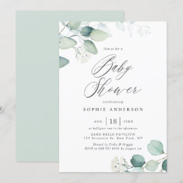 Convite Boho Watercolor Eucalyptus Deixa Chá de fraldas