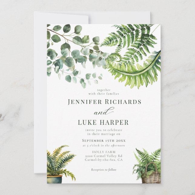 Convite Boho Watercolor Fern Eucalyptus Wedding (Frente)