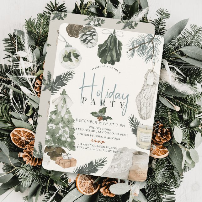 Convite Boho Watercolor Festa Azul Feriada de Natal (Criador carregado)