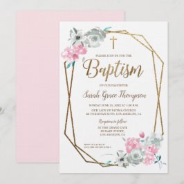 Convite Boho Watercolor floresce bebe rosa Baptismo