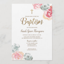 Convite Boho Watercolor floresce bebê rosa Baptismo