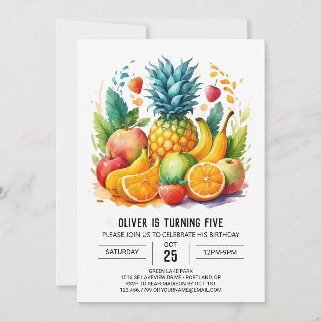 Convite Boho Watercolor Fruta Aniversário (Frente)