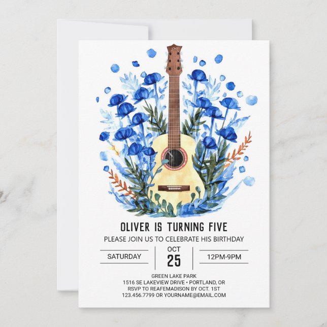 Convite Boho Watercolor Guitar Boy Birthday (Frente)