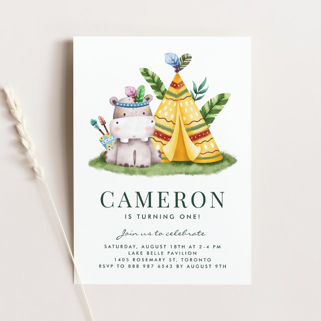 Convite Boho Watercolor Hippo Tribal First Festa de aniver (Criador carregado)