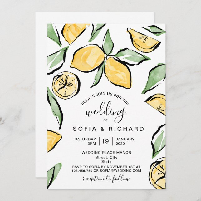 Convite Boho Watercolor Lemon Citrus Greenery Summer (Frente/Verso)