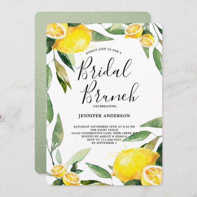 Convite Boho Watercolor Lemon Wreath Bridal Brunch (Frente/Verso)