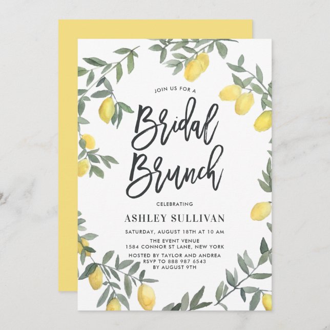 Convite Boho Watercolor Lemon Wreath Bridal Brunch (Frente/Verso)