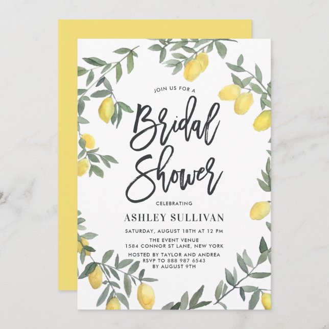 Convite Boho Watercolor Lemon Wreath Chá de panela (Frente/Verso)