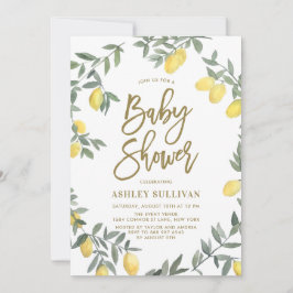 Convite Boho Watercolor Lemon Wreath Dourado Chá de fralda