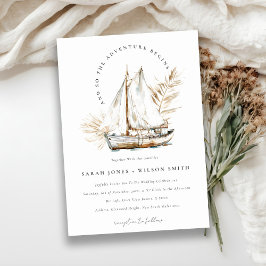 Convite Boho Watercolor Palm Sailboat Seascape Casamento