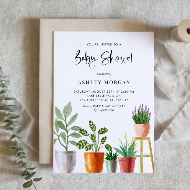 Convite Boho Watercolor Plantas Chá de fraldas (Customizable boho baby shower invitation featuring watercolor potted houseplants. )