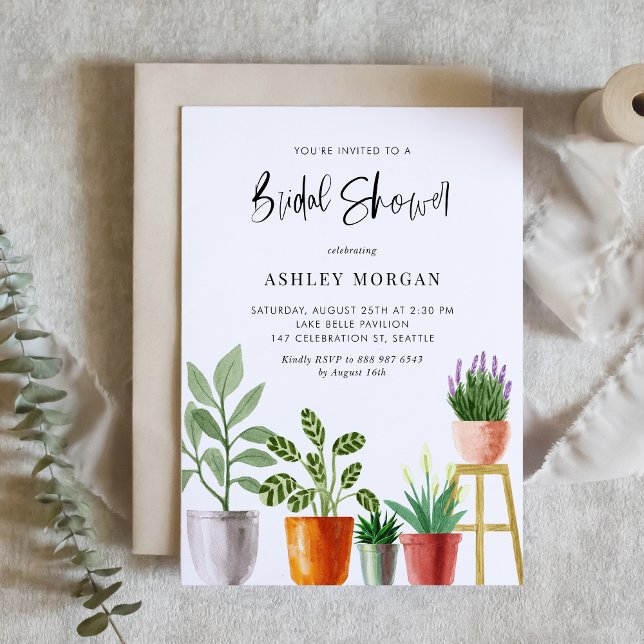 Convite Boho Watercolor Plantas Chá de panela (Customizable boho bridal shower invitation featuring watercolor potted houseplants. )