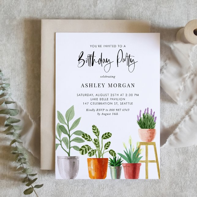 Convite Boho Watercolor Plantas Festas de aniversário (Customizable boho birthday party invitation featuring watercolor potted houseplants. )