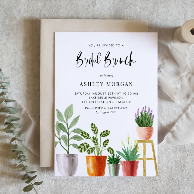 Convite Boho Watercolor Plantas Potentes Bridal Brunch (Customizable boho bridal brunch invitation featuring watercolor potted houseplants. )