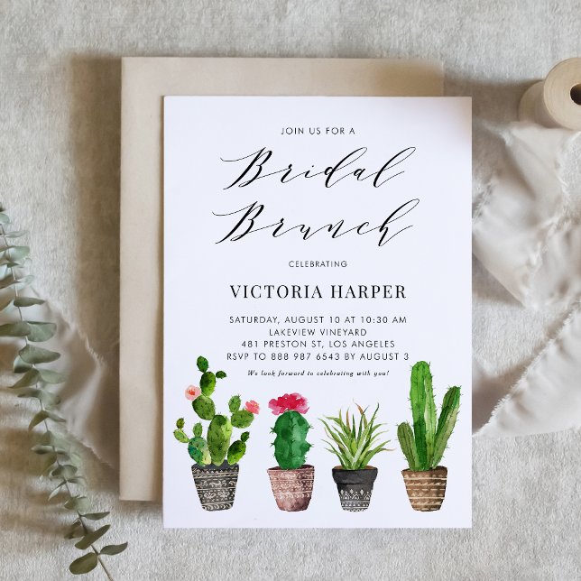 Convite Boho Watercolor Potted Cactus Summer Bridal Brunch (Criador carregado)