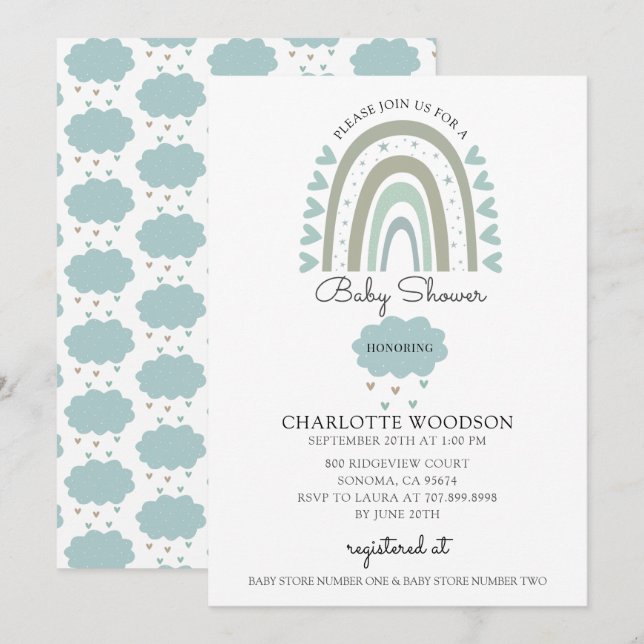Convite Boho Watercolor Rainbow Blue Baby Boy Invit Chá (Frente/Verso)