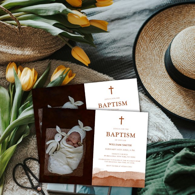 Convite Boho Watercolor Terracotta Desert Foto Baptism (Boho Watercolor Terracotta Desert Photo Baptism Invitation)