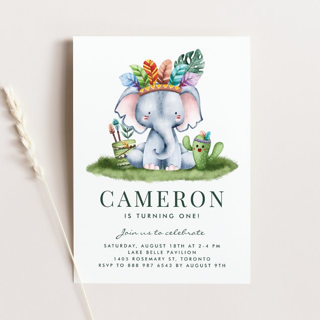 Convite Boho Watercolor Tribal Elephant Primeiro Aniversár (Criador carregado)