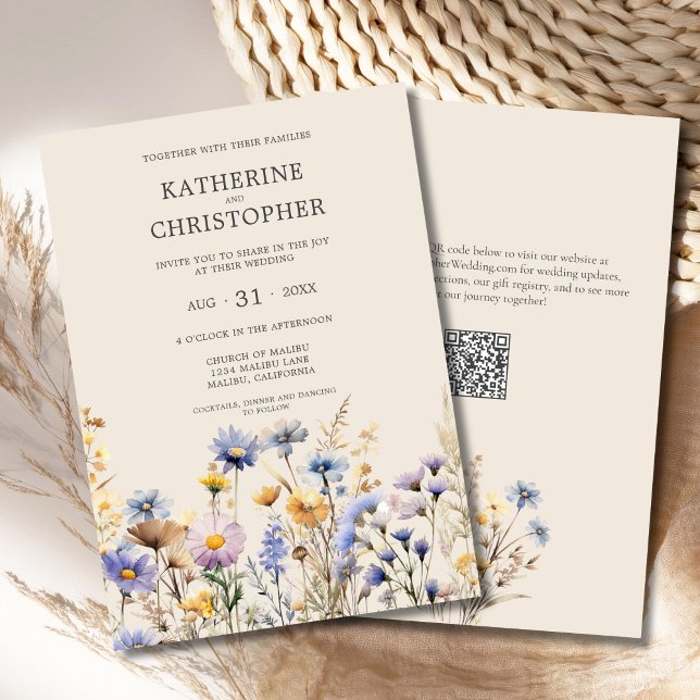 Convite BOHO Watercolor Wildflower Beige Wedding (BOHO Wildflower Wedding Invitation with Purple, Blue, Yellow Wildflowers on a Beige Background.)