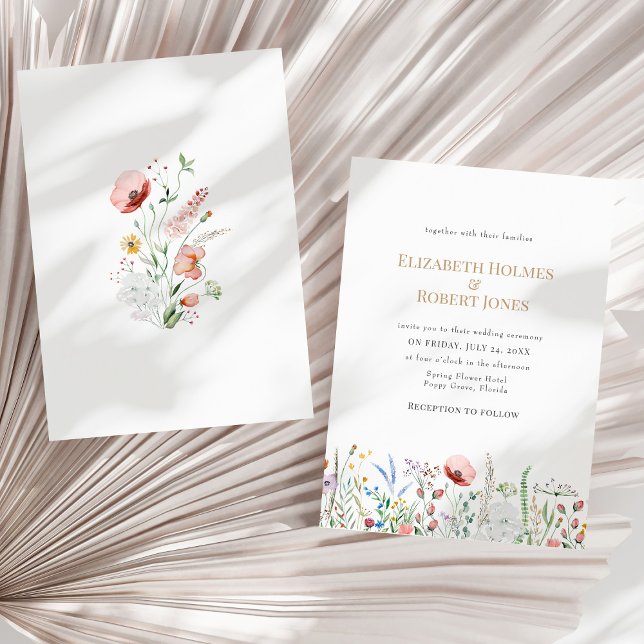 Convite Boho Watercolor Wildflower Weditation (Boho Watercolor Wildflower Wedding Invitation on a sunny neutral dry palm leaf.)