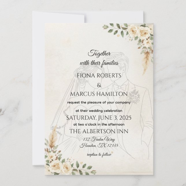 Convite Boho Weditation Ivory Rosas & Pampas Grass (Frente)