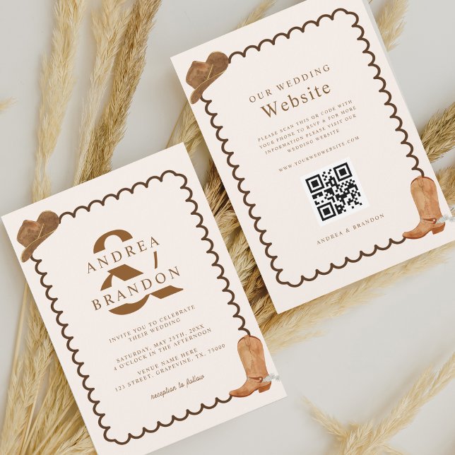 Convite Boho Western Ampersand Wavy Frame Qr Code Wedding (Criador carregado)