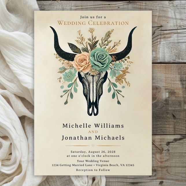 Convite Boho Western Floral Bull Cow Skull (Front - Boho Floral Bull Skull Wedding Invitation)