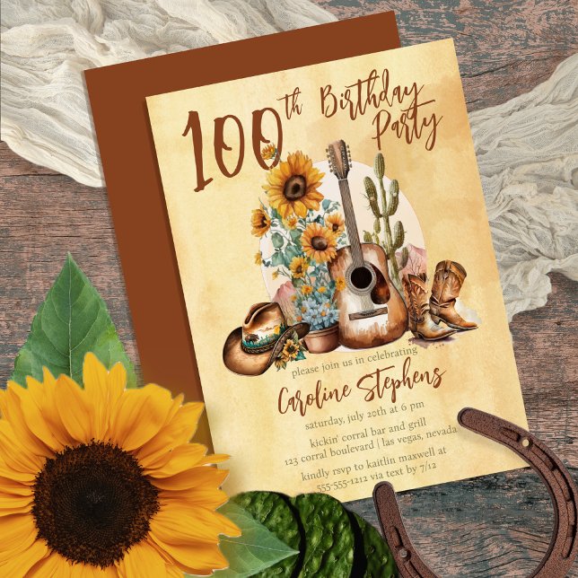 Convite Boho Western Guitar Sunflower 100th Festa de anive (Make her Birthday Party unique with this Boho Rustic Western-themed Guitar & Sunflowers design!)